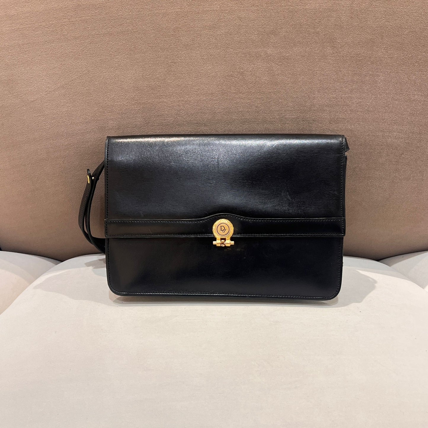 Christian Dior Vintage Black Leather Shoulder Bag With Round Logo Clasp