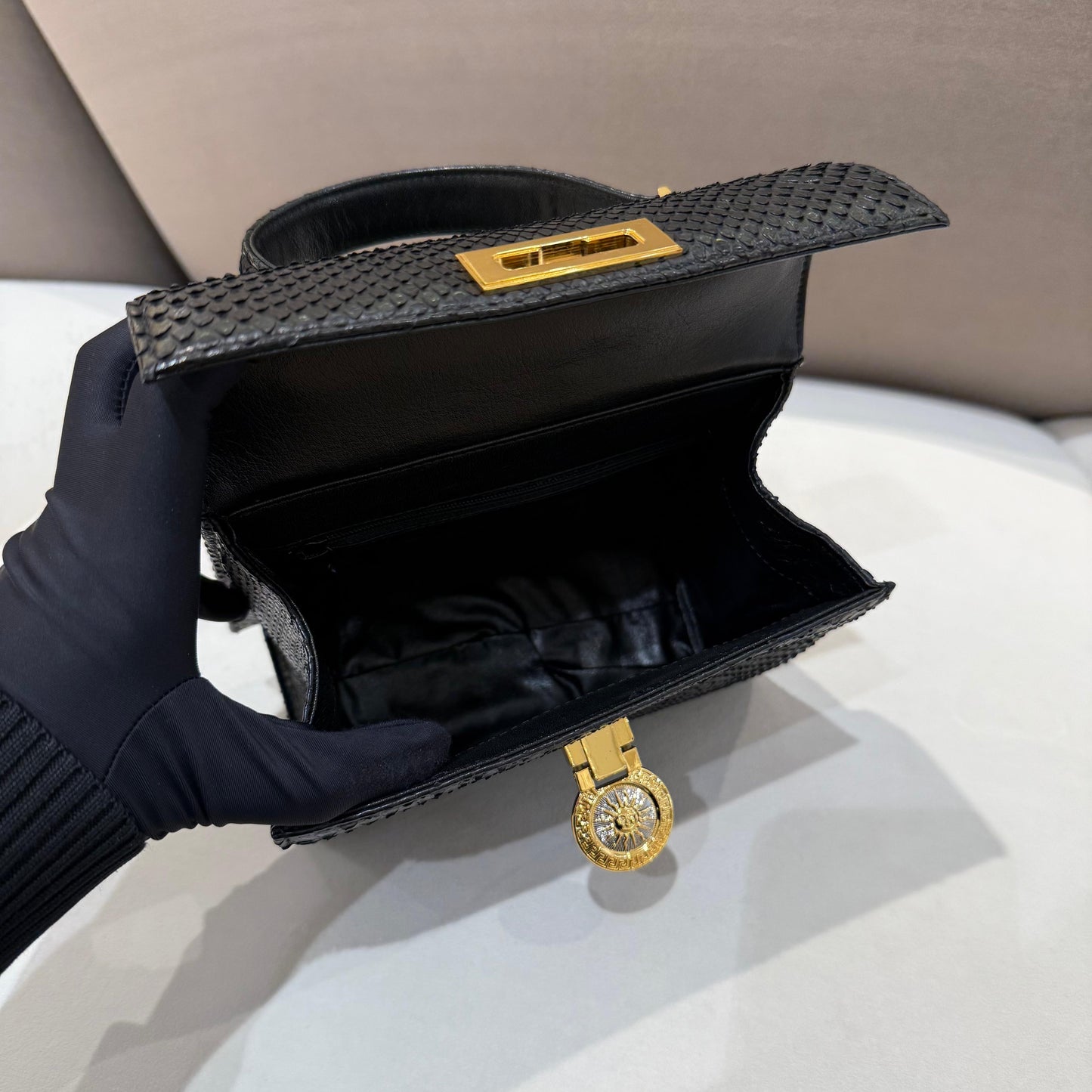Versace Vintage Black Python Textured Top Handle Handbag