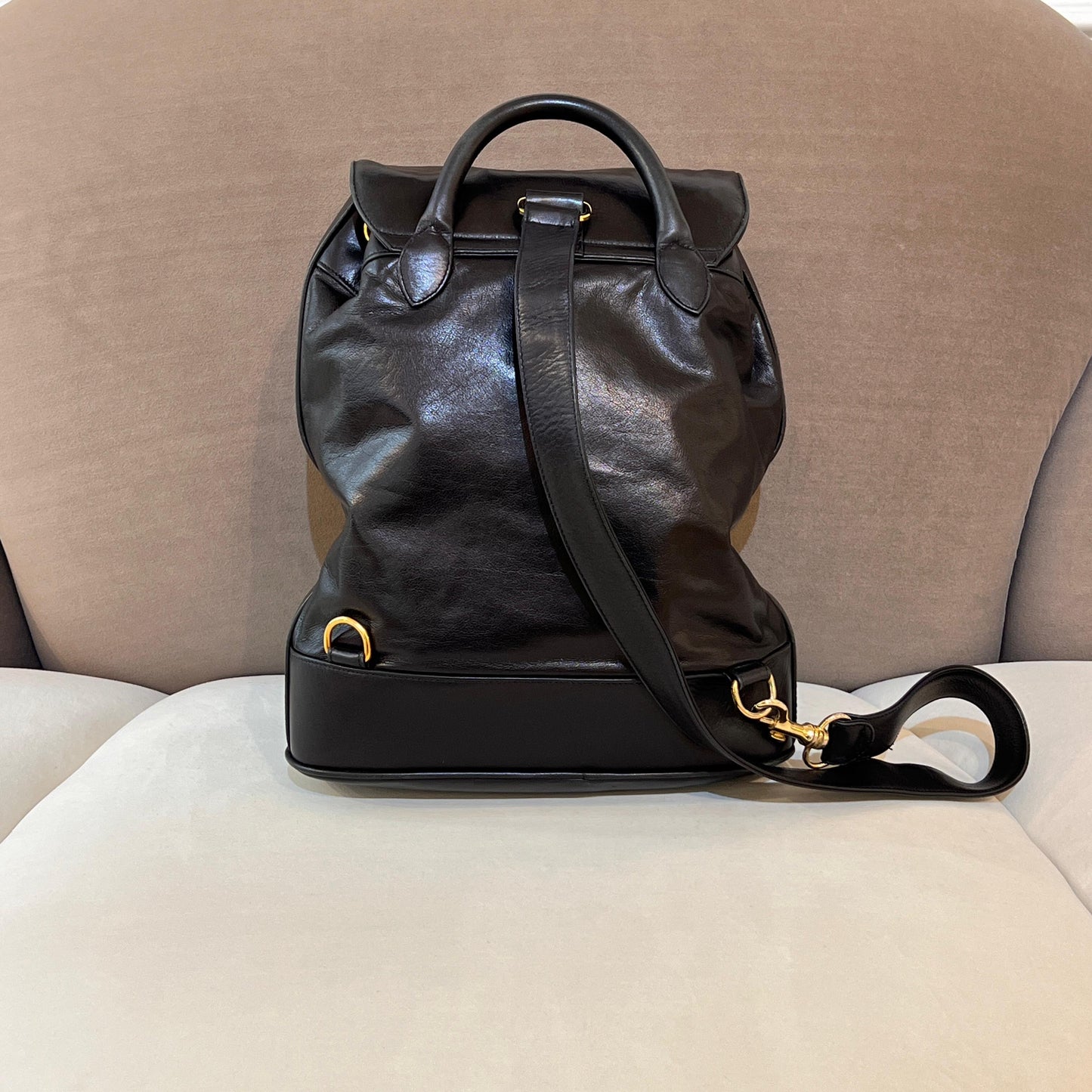 Chanel Vintage Coco Mark Black Lambskin Leather Backpack