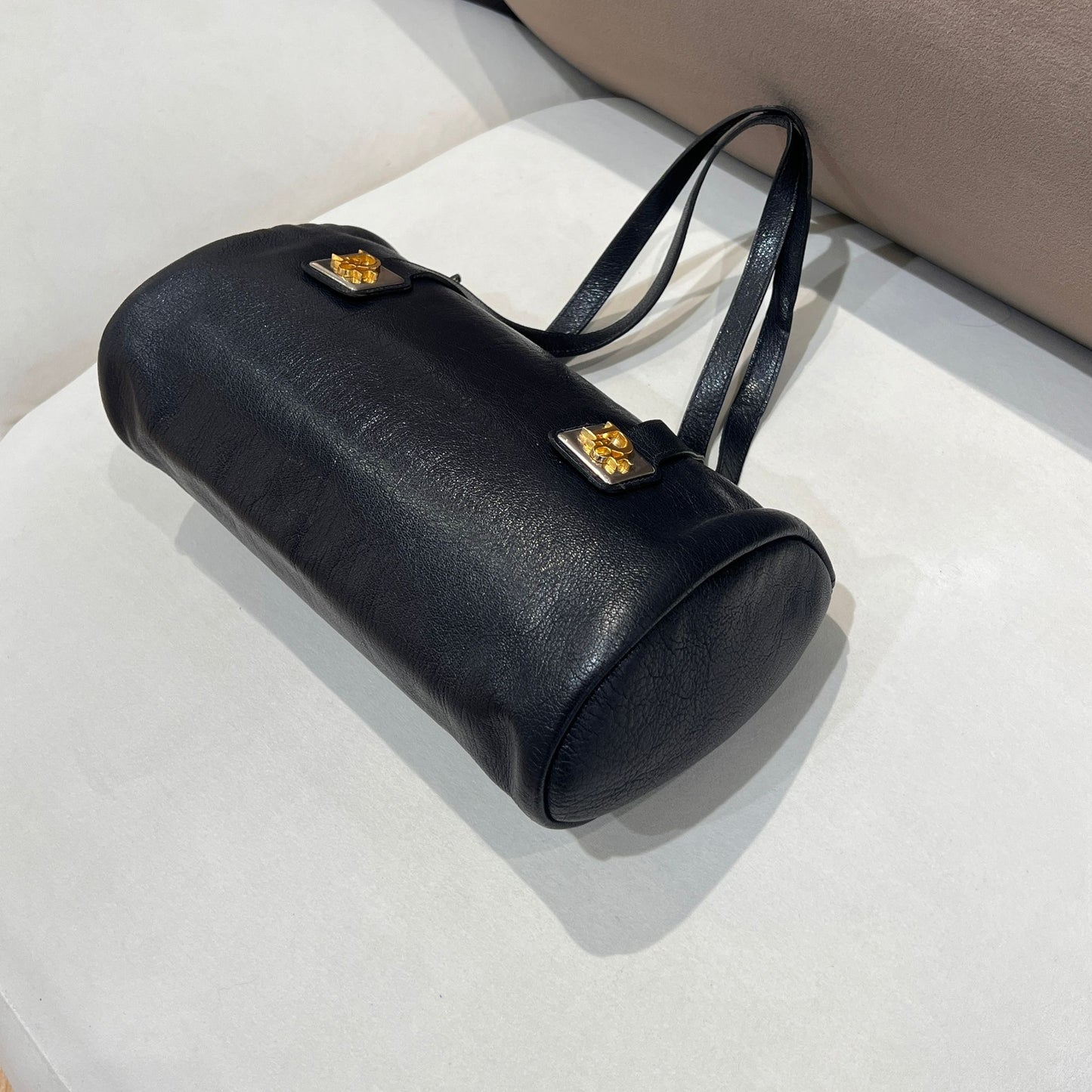 Christian Dior Vintage Cd Logo Black Leather Barrel Shoulder Bag
