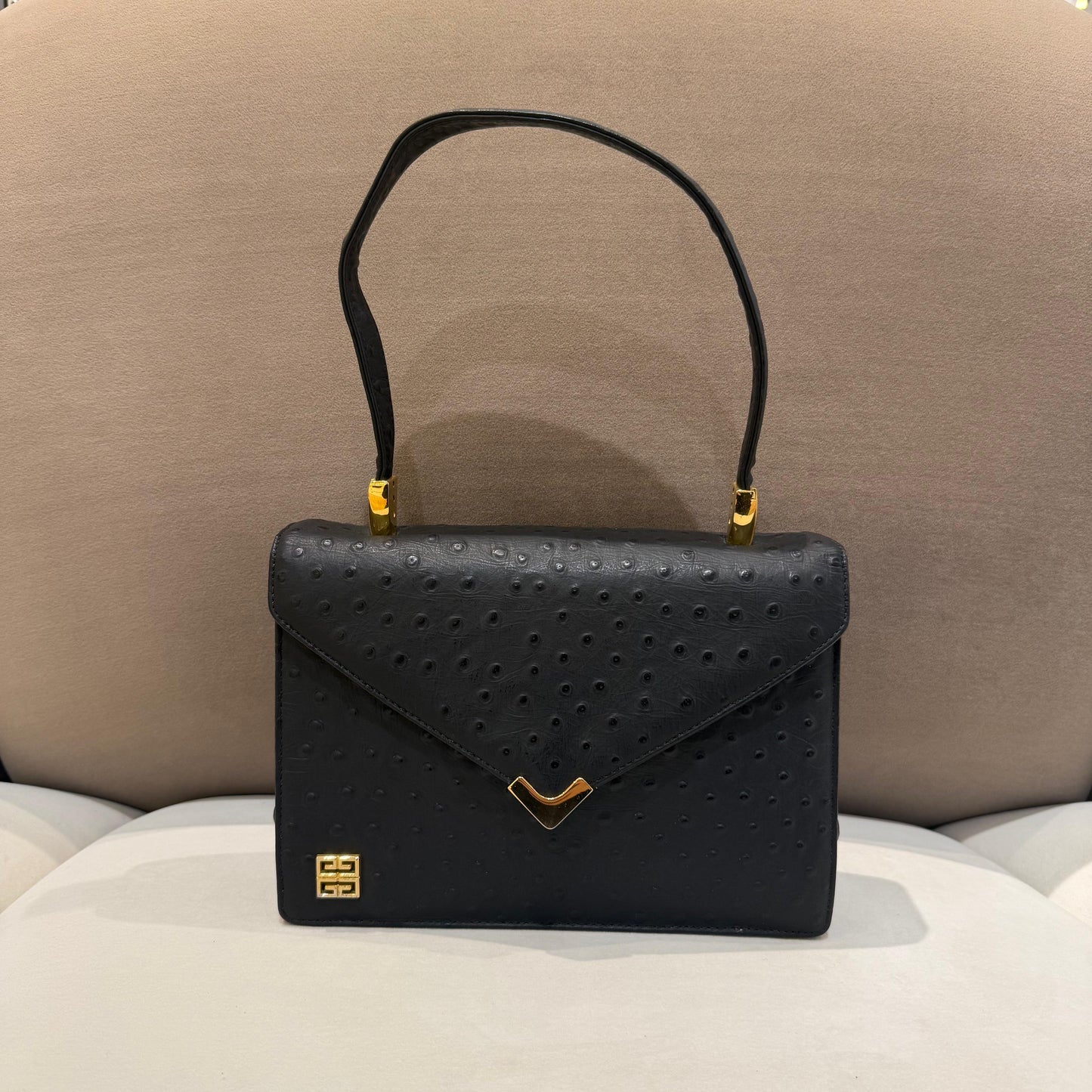 Givenchy Vintage Black Ostrich Leather Envelope Top Handle Handbag