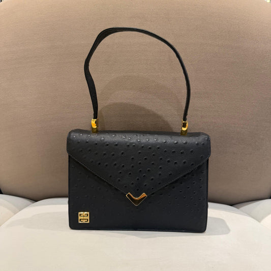 Givenchy Vintage Black Ostrich Leather Envelope Top Handle Handbag