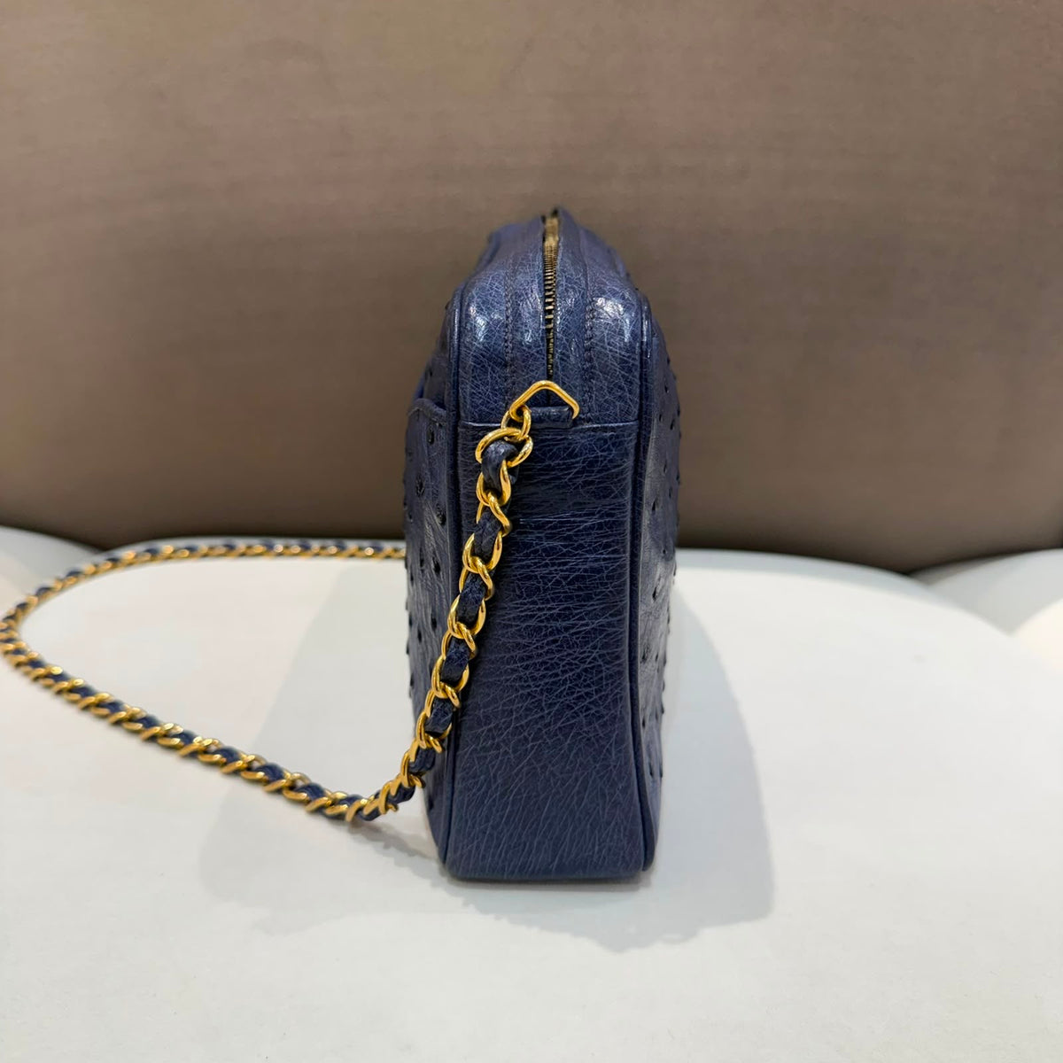 Chanel Vintage Navy Ostrich Fringe Chain Shoulder Bag