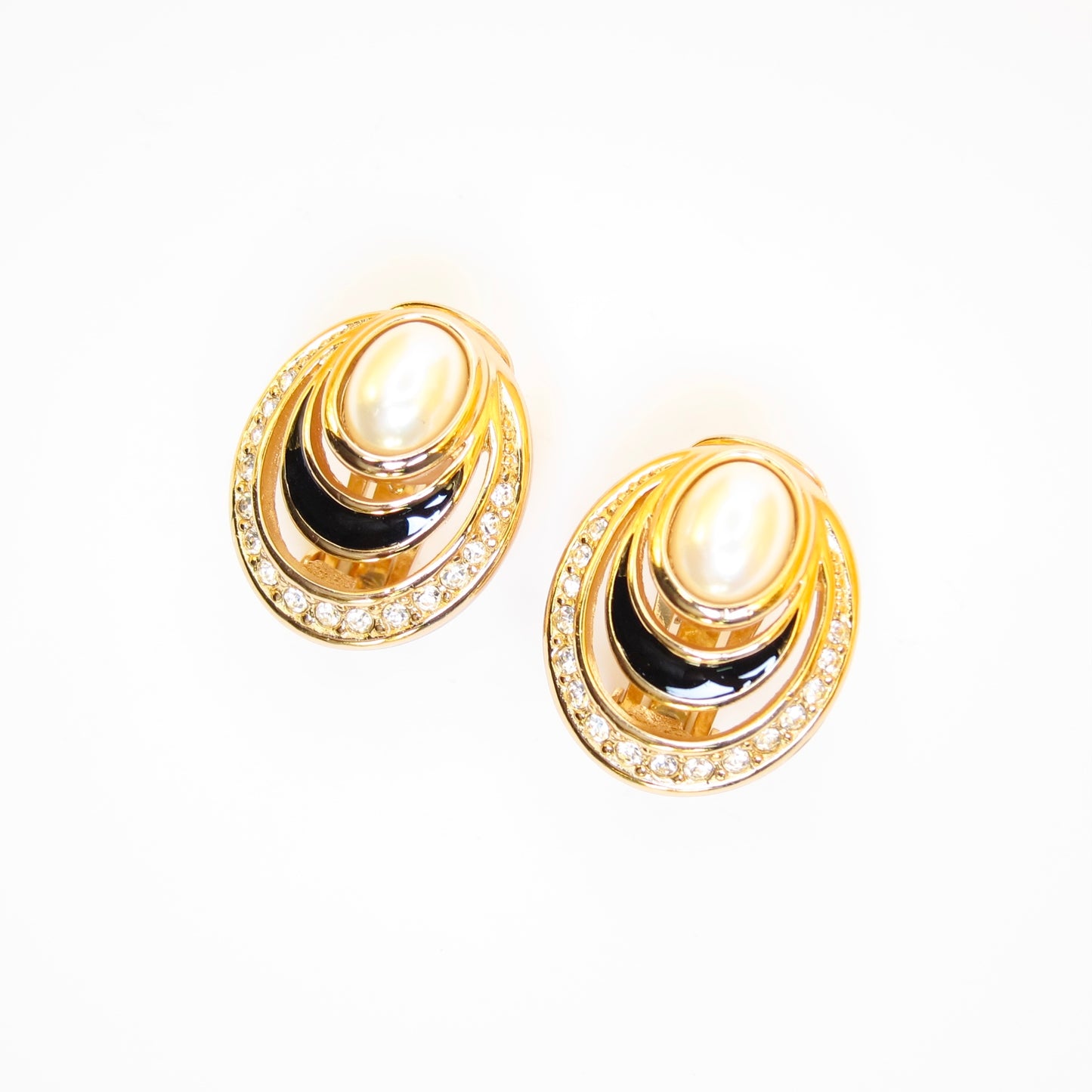 Christian Dior Vintage Pearl Rhinestone and Black Golden Clip-on Earrings