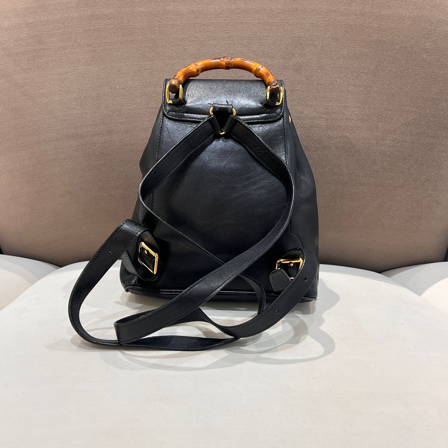 Gucci Vintage 黑色皮革竹編小背包