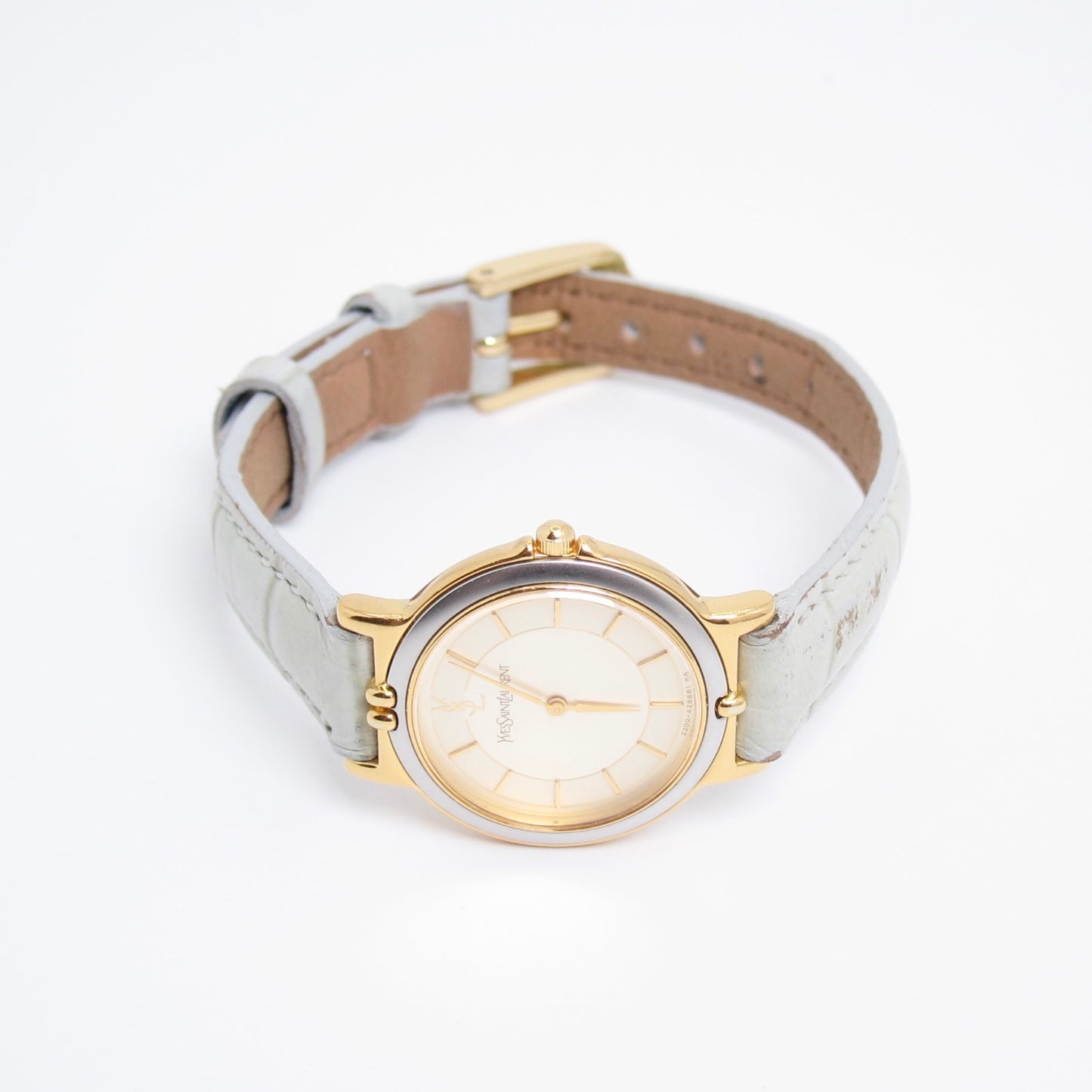 Yves Saint Laurent Vintage Round Champagne Face with Leather Strap Watch
