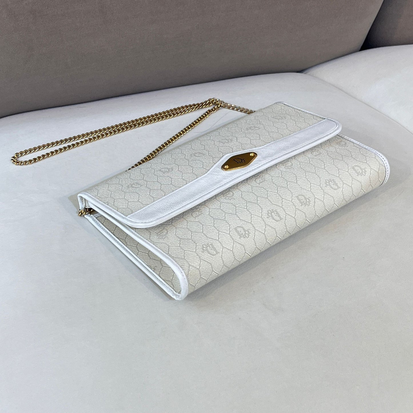 Christian Dior Vintage Honeycomb White Leather Gold Chain Shoulder Bag