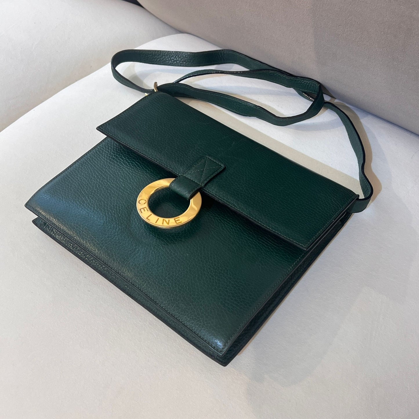 Celine Vintage Circle Logo Forest Green Leather Shoulder Bag