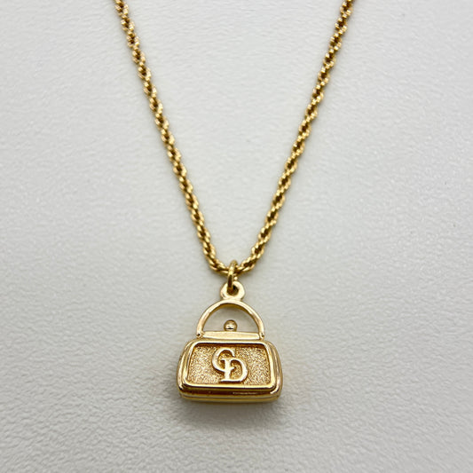 Christian Dior Vintage CD Logo on Handbag Pendant Golden Necklace