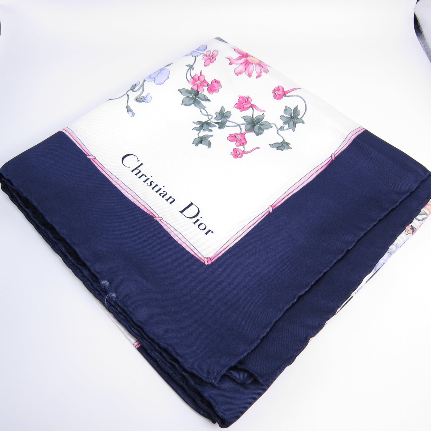 Christian Dior Vintage Floral Motif with Navy Blue Border Silk Scarf