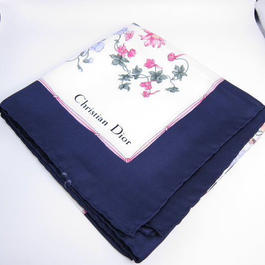 Christian Dior Vintage Floral Motif with Navy Blue Border Silk Scarf