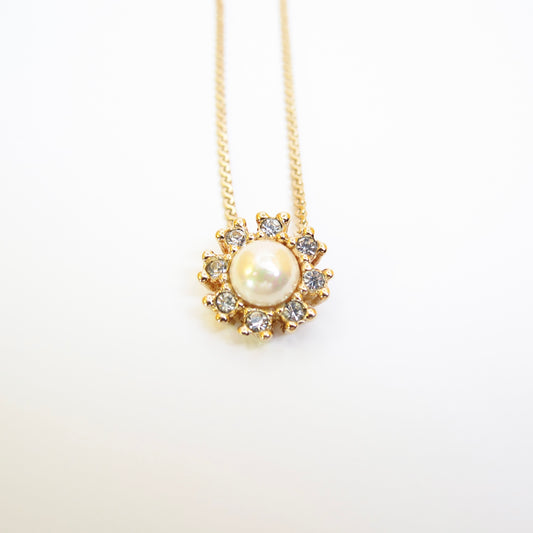 Christian Dior Vintage Flower Motif Pearl and Rhinestone Golden Necklace
