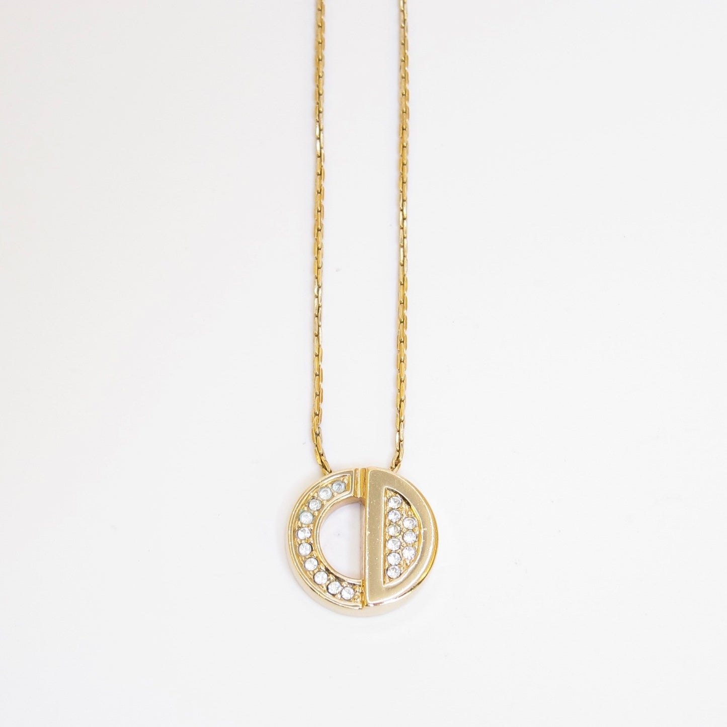 Christian Dior Vintage Round Shaped CD Logo with Rhinestone Golden Necklace