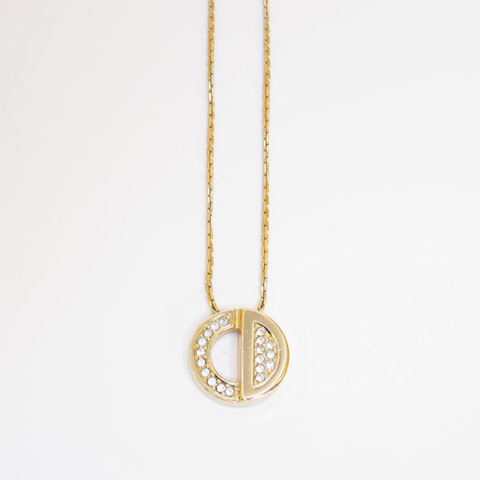 Christian Dior Vintage Round Shaped CD Logo with Rhinestone Golden Necklace