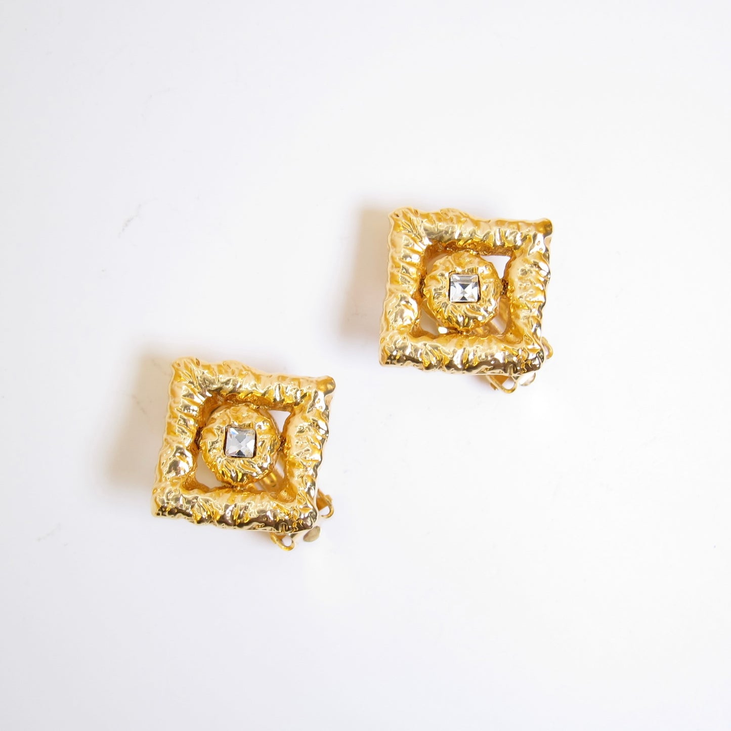 Yves Saint Laurent Vintage Rhombus with Rhinestone Golden Clip-on Earrings