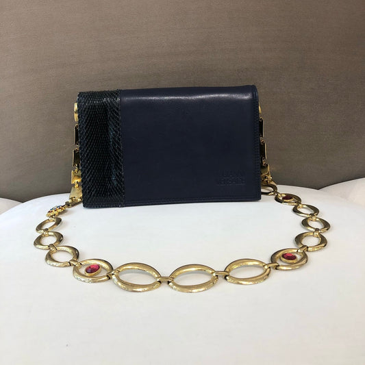 Versace Vintage Navy Leather Chain Shoulder Bag With Exotic Trim