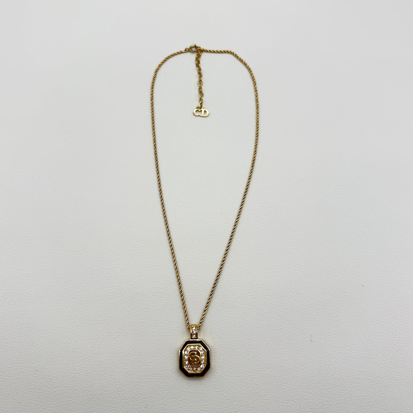 Christian Dior Vintage CD Logo in Octagon with Rhinestone Black and Golden Necklace