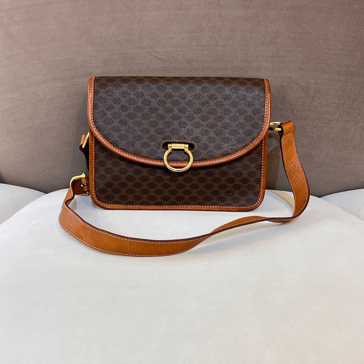 Celine Vintage Macadam Brown Canvas Shoulder Bag With Gold Hardware