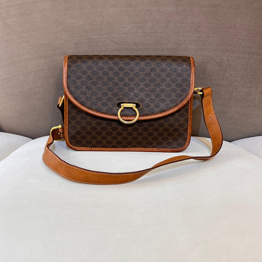 Celine Vintage Macadam Brown Canvas Shoulder Bag With Gold Hardware