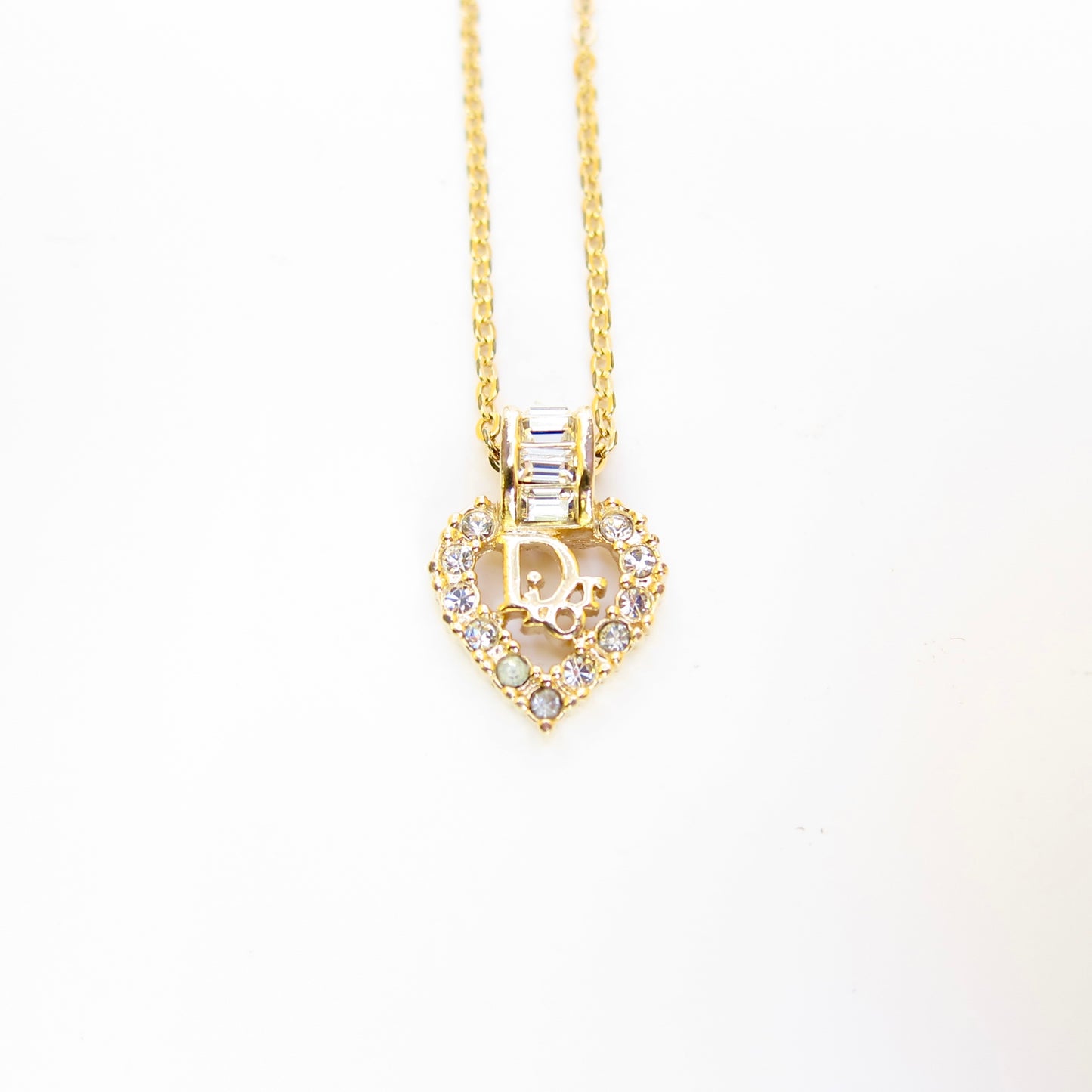 Christian Dior Vintage Dior Logo in Heart with Rhinestone Golden Necklace