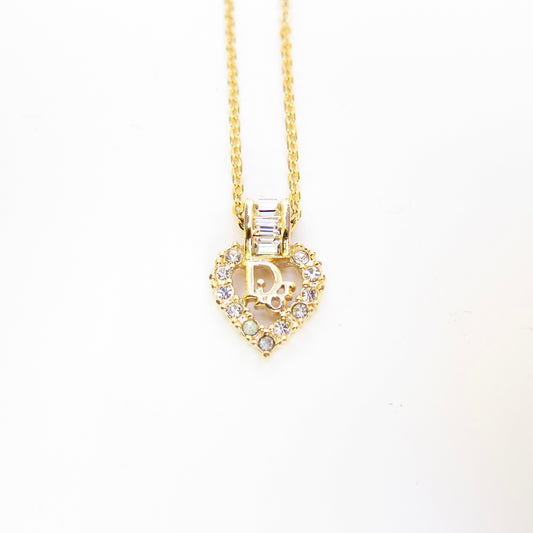 Christian Dior Vintage Dior Logo in Heart with Rhinestone Golden Necklace