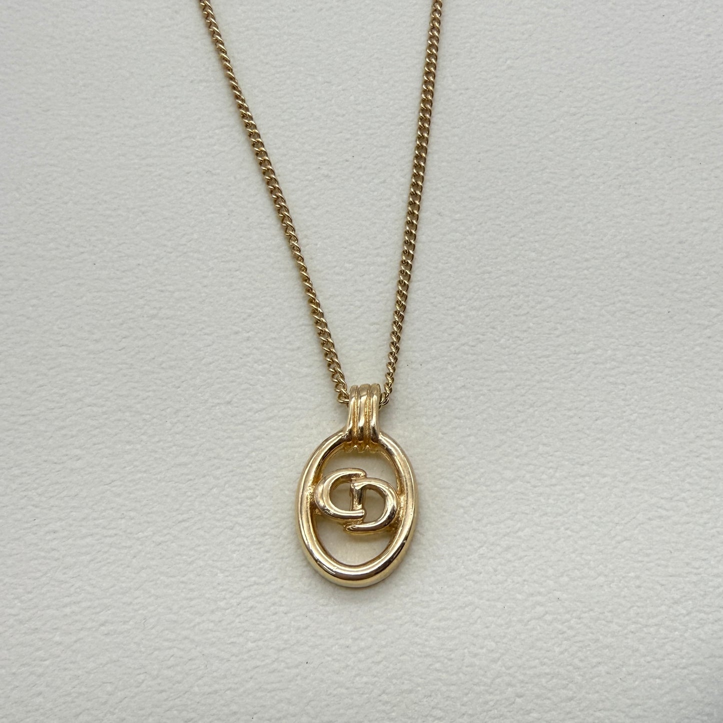 Christian Dior Vintage CD Logo in Oval Shape Pendant Golden Necklace