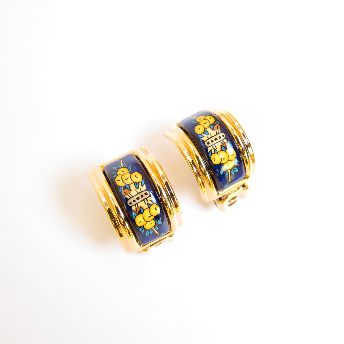 Hermes Vintage Blue Enamelled Golden Clip-on Earrings