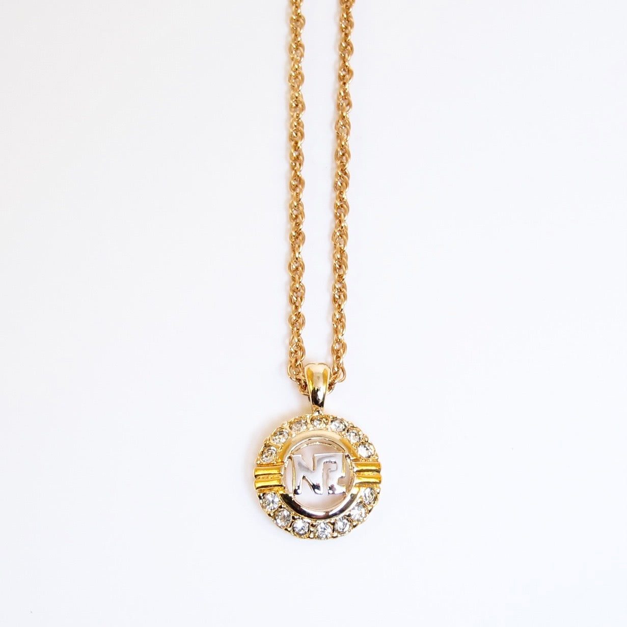 Nina Ricci Vintage NR Logo in Circle with Rhinestone Golden Necklace