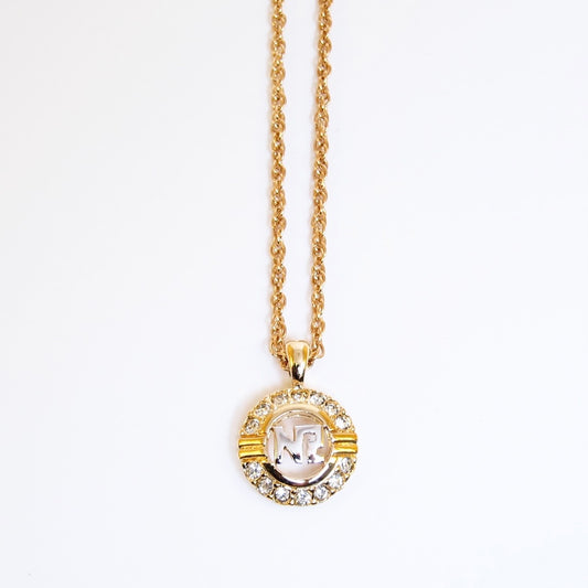 Nina Ricci Vintage NR Logo in Circle with Rhinestone Golden Necklace