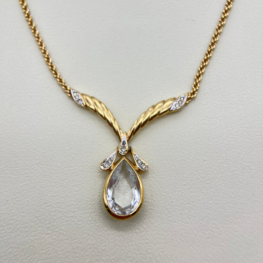 Nina Ricci Vintage Drop Shape White Stone and Rhinestone Pendant Golden Necklace