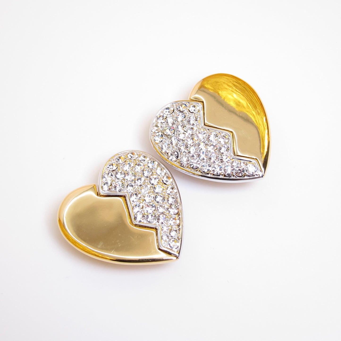Yves Saint Laurent Vintage Heart Motif Rhinestone and Golden Clip-on Earrings