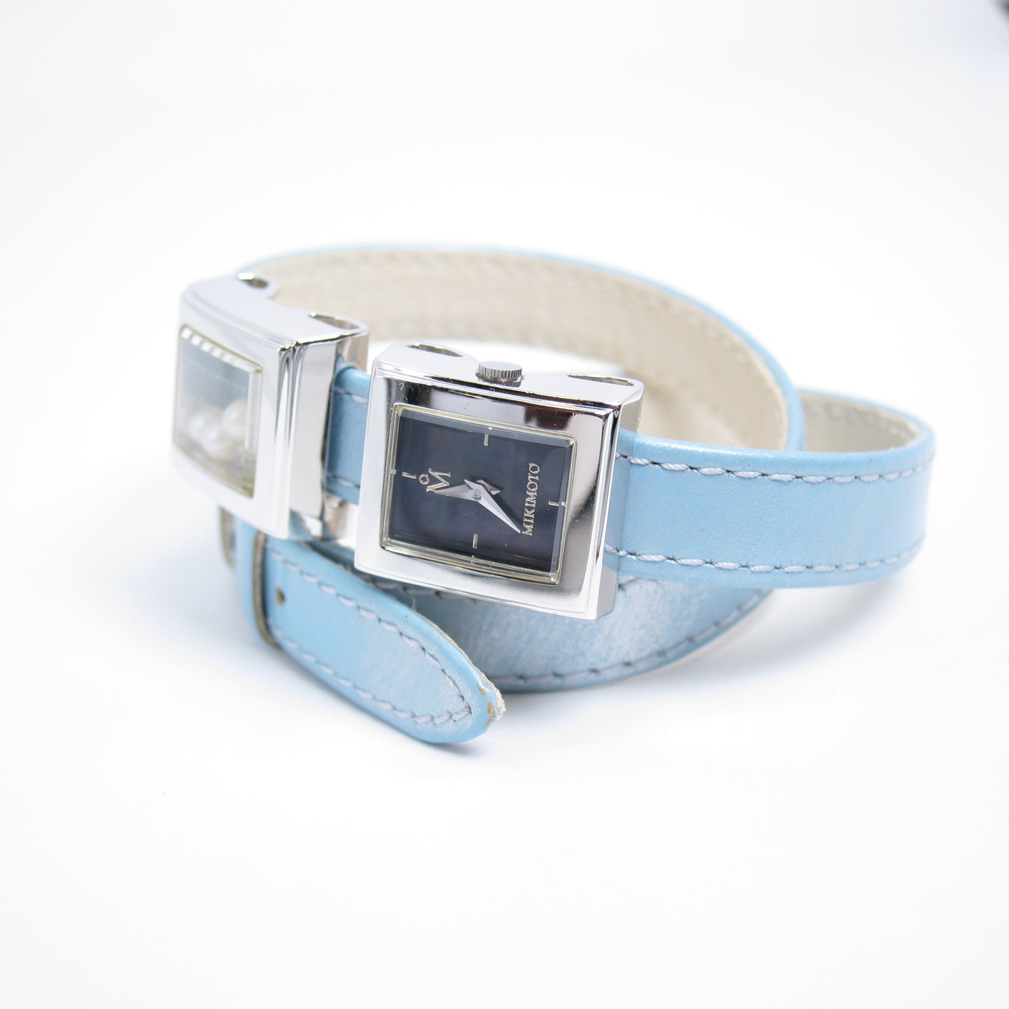 Mikimoto Vintage Black Face and Pearl Box Watch with Blue Leather Strap