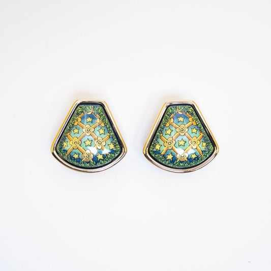 Hermes Vintage Green Enamel Golden Clip-on Earrings