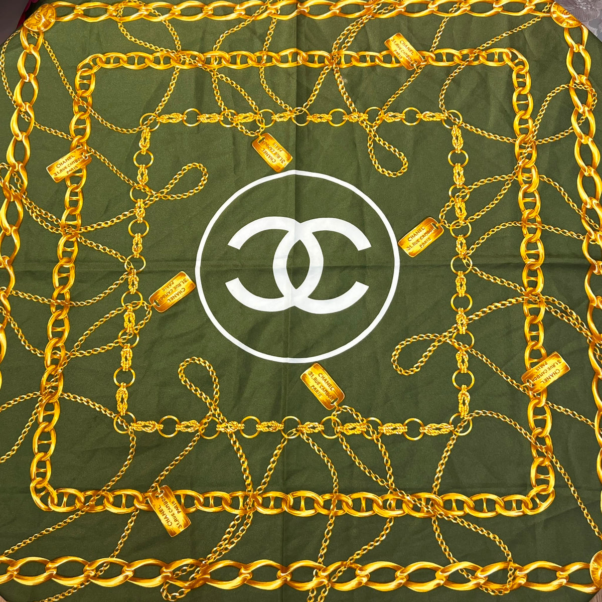 Chanel Vintage CC Logo Olive Green Chain Rose Floral Silk Scarf