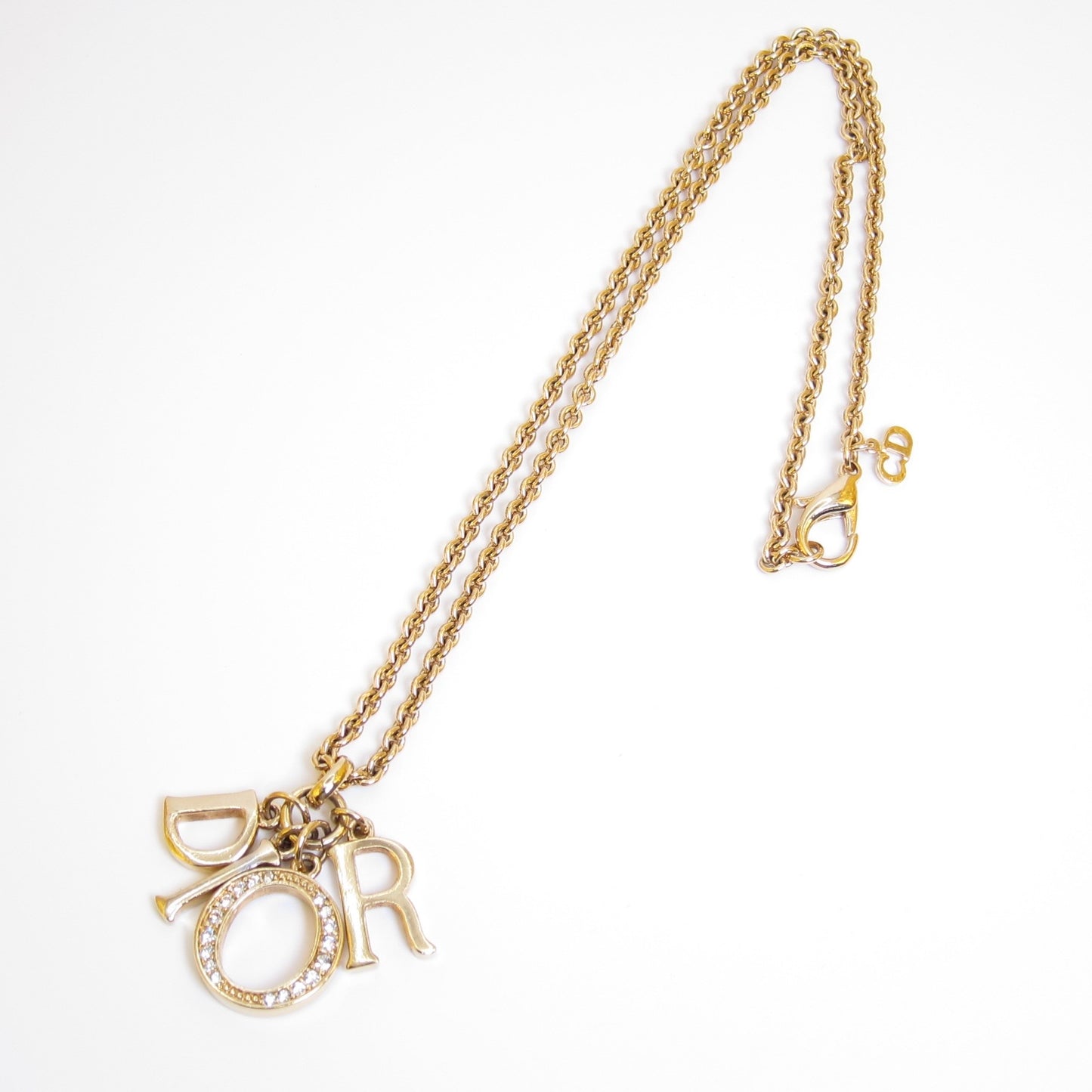 Christian Dior Vintage Dior Letter Charm with Rhinestone Golden Necklace