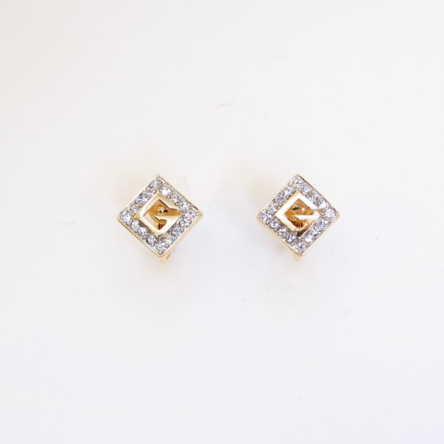 Givenchy Vintage G Logo and Rhinestone Rhombus Golden Clip-on Earrings