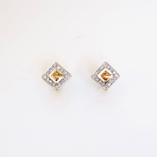 Givenchy Vintage G Logo and Rhinestone Rhombus Golden Clip-on Earrings