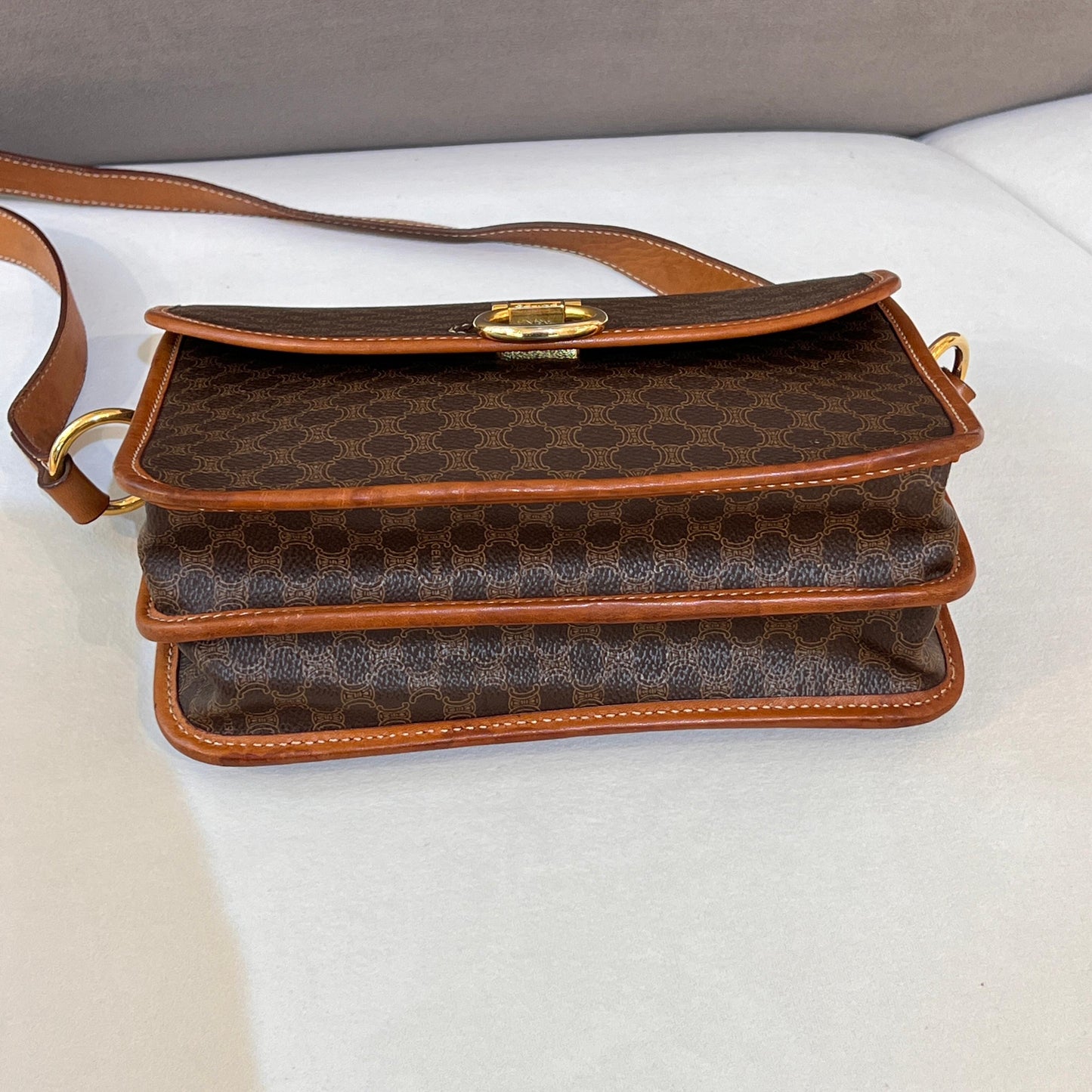 Celine Vintage Macadam Brown Canvas Shoulder Bag With Gold Hardware