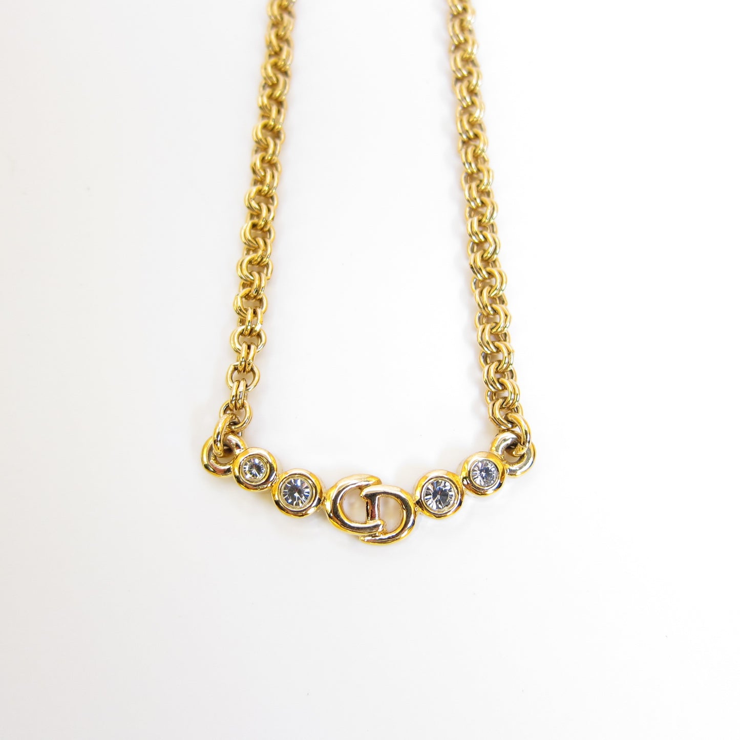 Christian Dior Vintage CD Logo and Rhinestone Golden Necklace