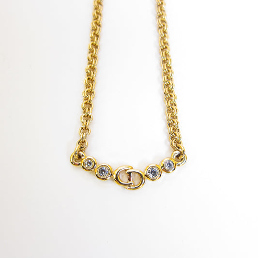 Christian Dior Vintage CD Logo and Rhinestone Golden Necklace
