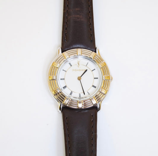 Yves Saint Laurent Vintage Round White Face with Black Leather Strap Two Tone Watch