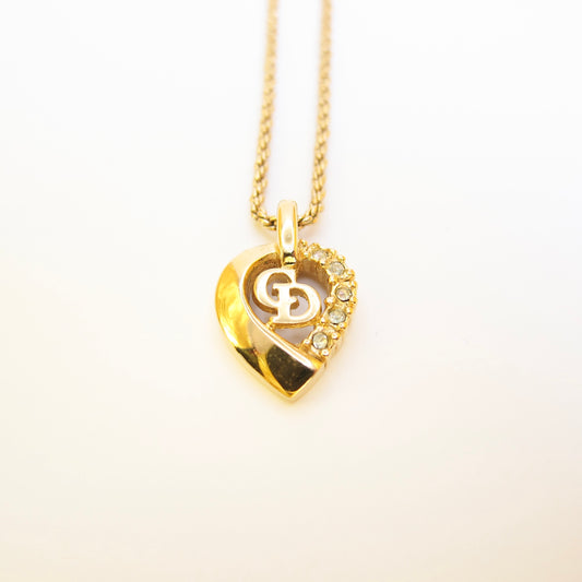 Christian Dior Vintage CD Logo and Rhinestone Golden Necklace