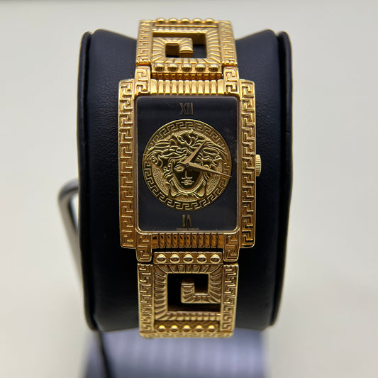 Gianni Versace Vintage Rectangle Gold Frame Medusa Icon and Black Dial with Leather Strap Watch
