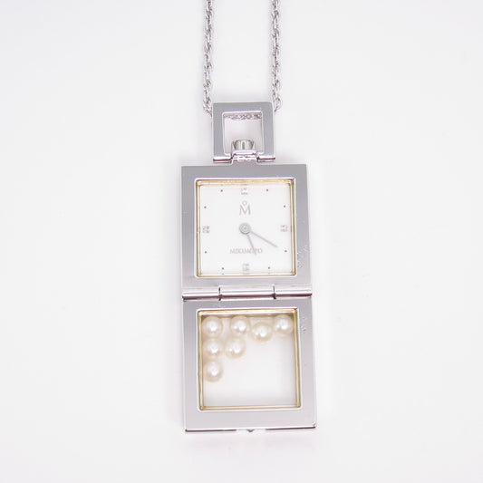 Mikimoto Vintage Pearl Pendant Quartz Clock Necklace With Box