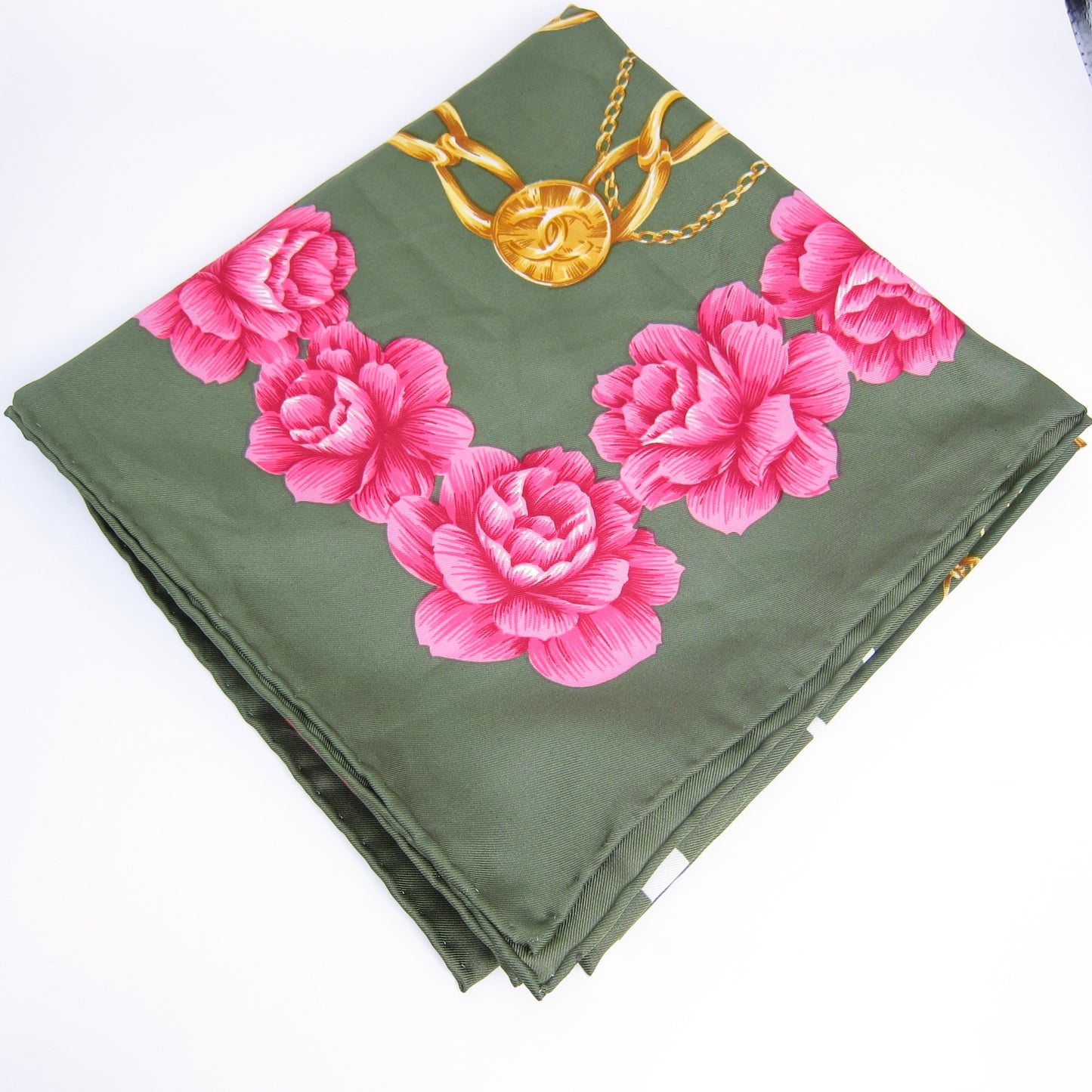 Chanel Vintage CC Logo Olive Green Chain Rose Floral Silk Scarf