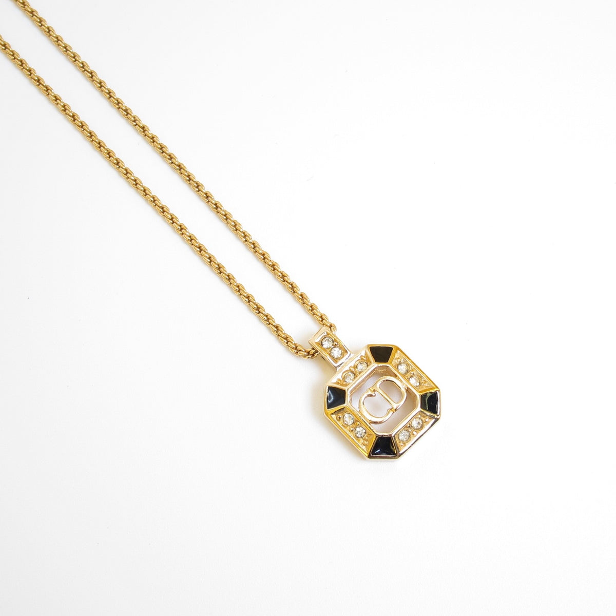 Christian Dior Vintage Octagon Black Enamel CD Logo Gold-Tone Necklace