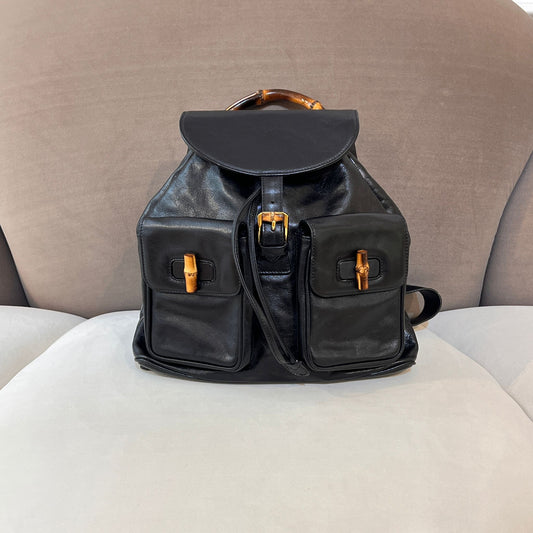 Gucci Vintage Bamboo Black Leather Backpack