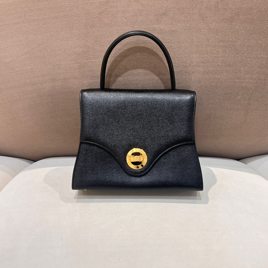 Givenchy Vintage Black Leather Turn Lock Top Handle Bag