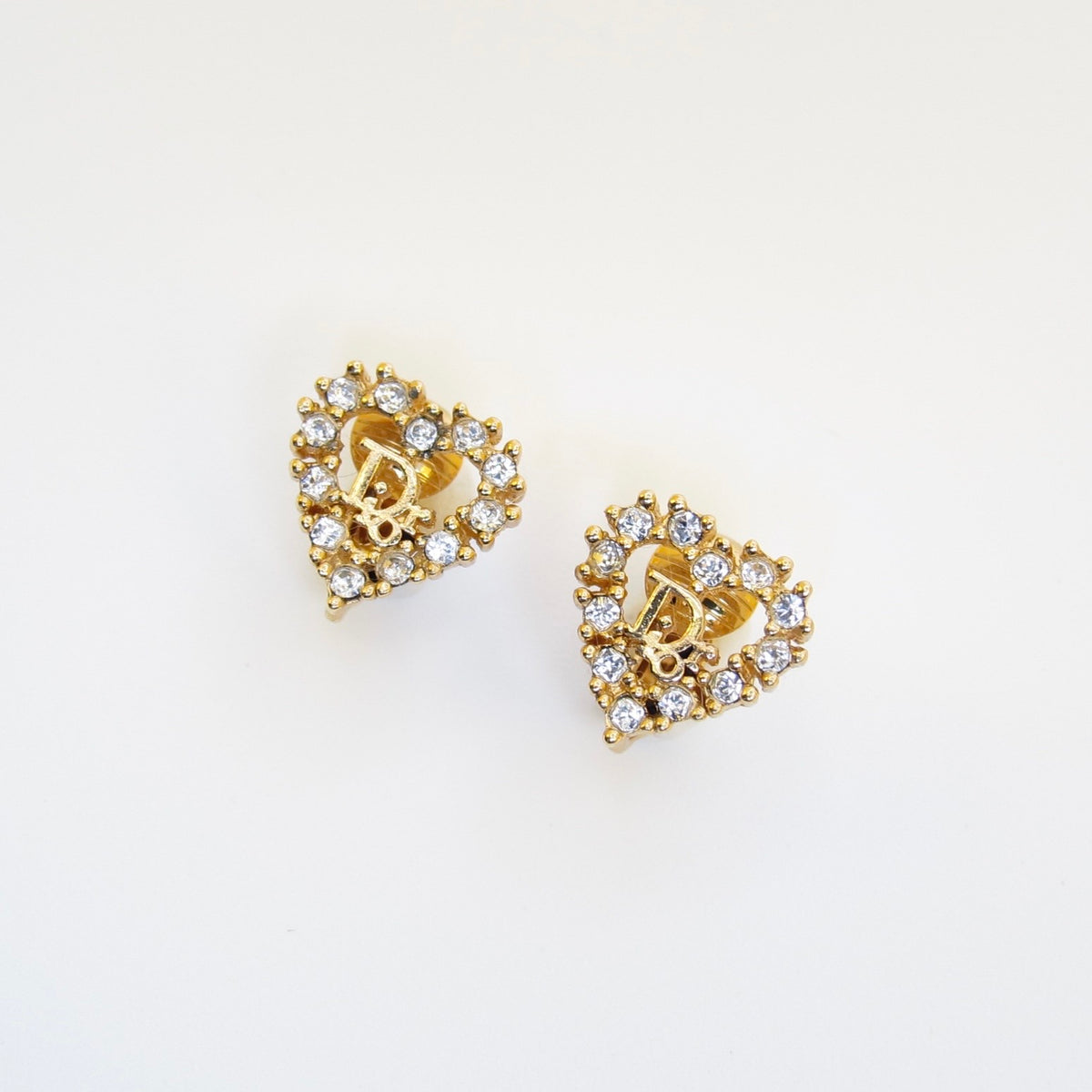 Christian Dior Vintage Heart Rhinestone CD Logo Gold-Tone Clip-On Earrings