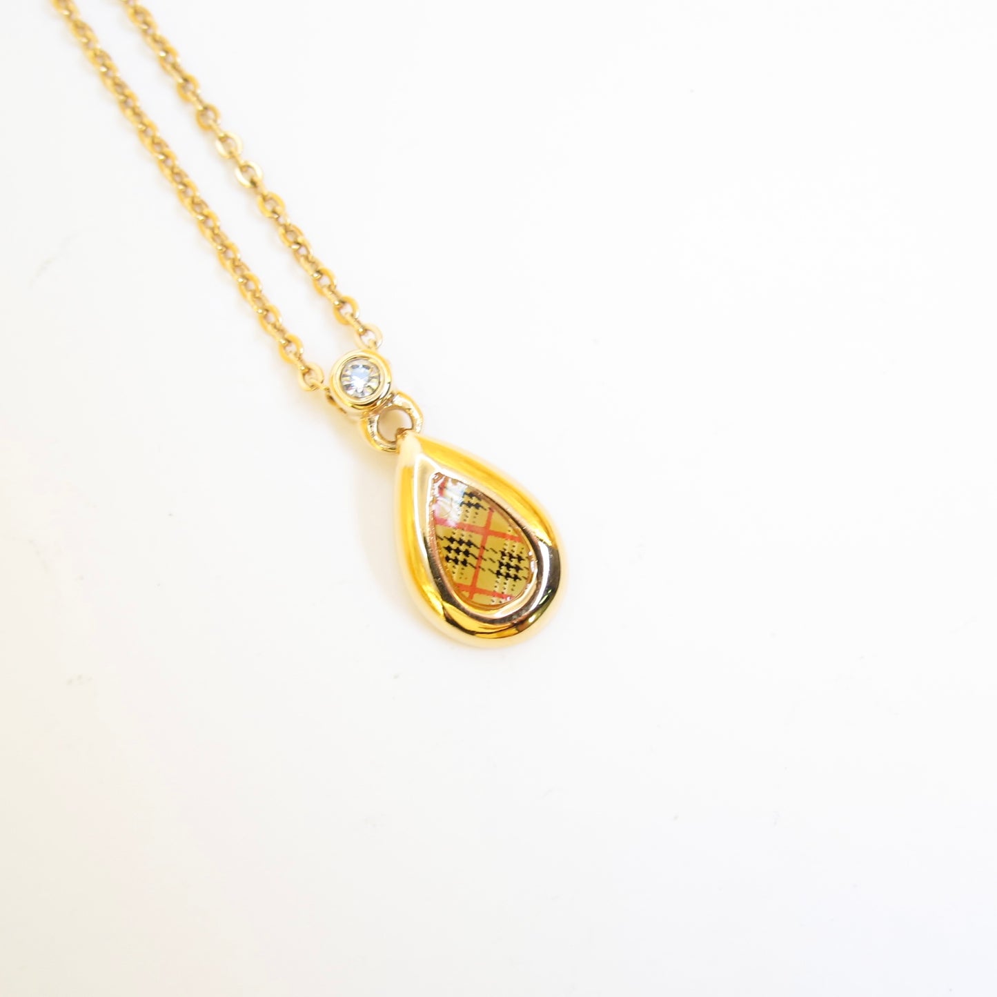 Burberry Vintage Check Drop Shape and Rhinestone Golden Necklace